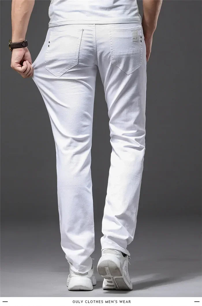 Four Seasons Men's White Jeans Fashion Casual Classic Style Slim Trousers Comfortable Soft Male Trendy Brand Stretch Pants