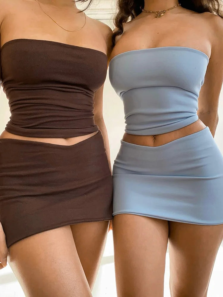 Dulzura Femei 2025 Primăvară Topuri Tubu Fuste Mini Petrecere Club Seturi din Două Piese Asortate Ținute de Vacanță Articole en-gros pentru Afaceri