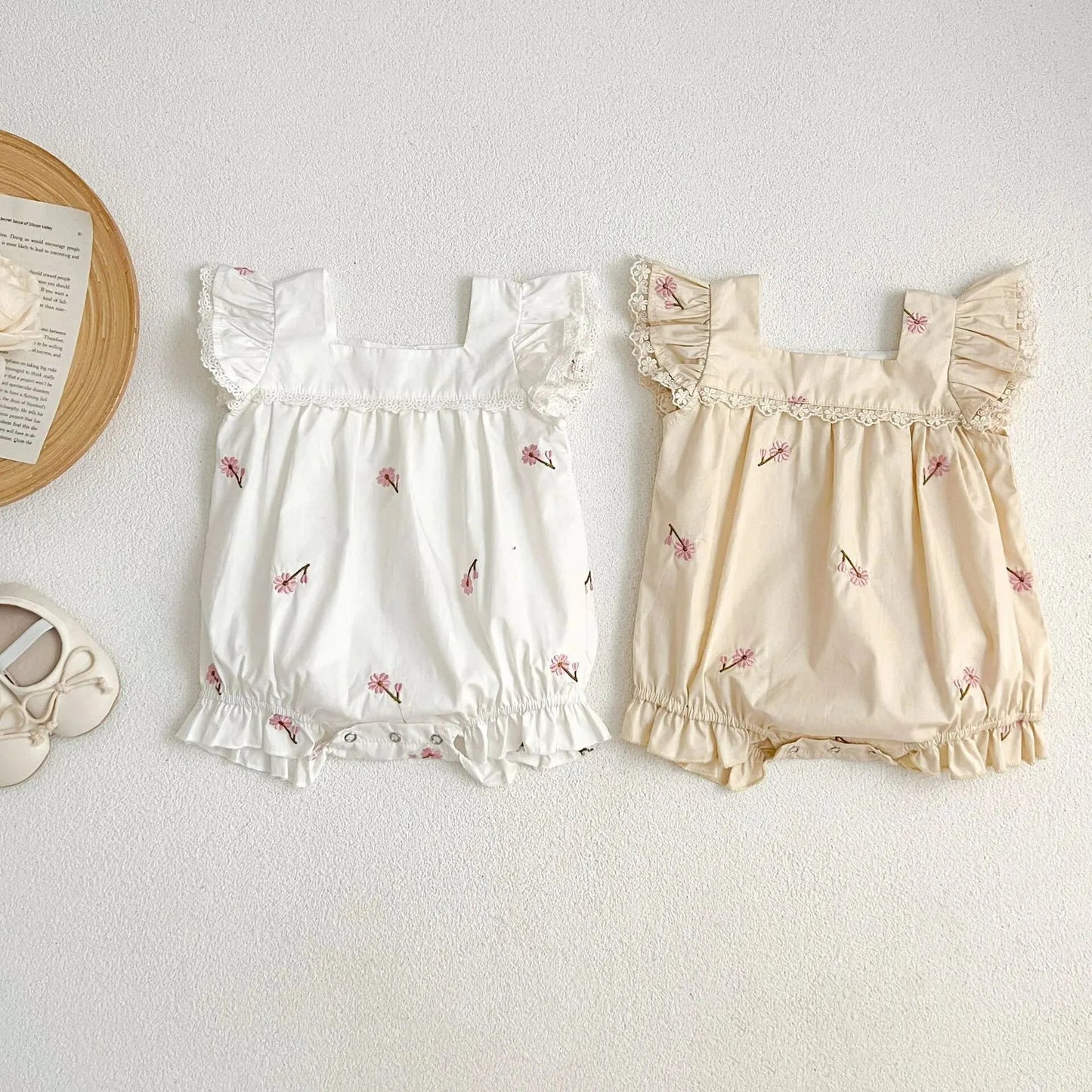 New Summer Collection: Newborn Girls' Lace Flutter Sleeve Embroidered Floral Cotton Jumpsuits, Adorable Infant Bodysuits