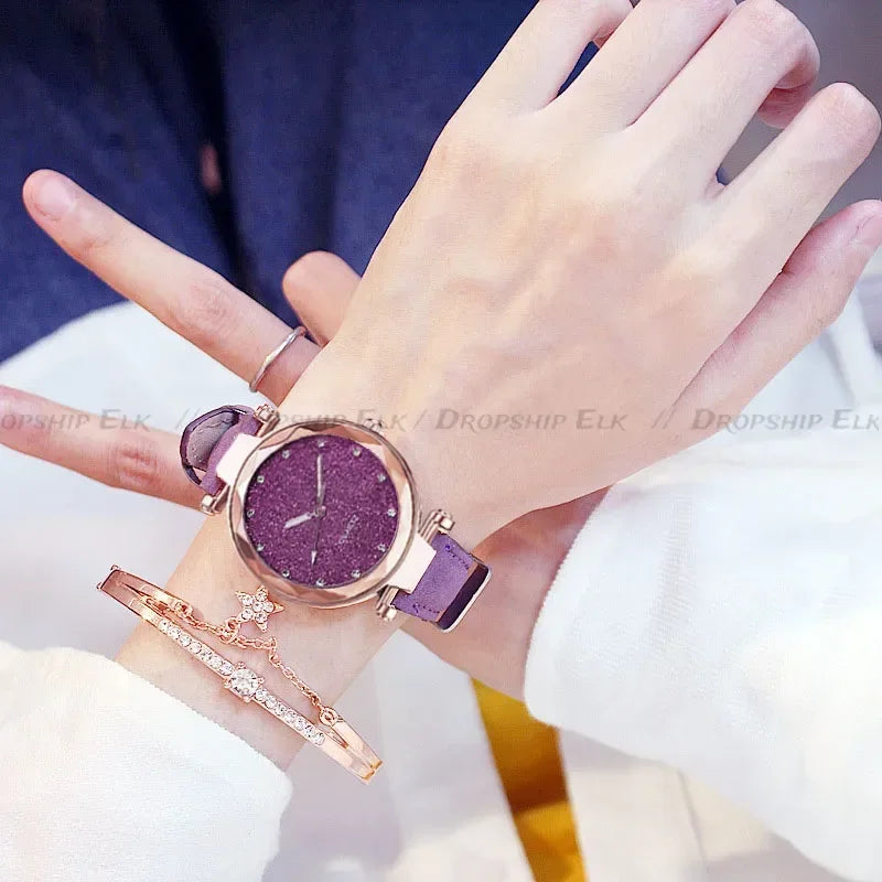 Casual Uhren Damen Romantischer Sternenhimmel - Uhr Armband Leder Strass Designer - Damen Uhr Einfaches Kleid Geschenk