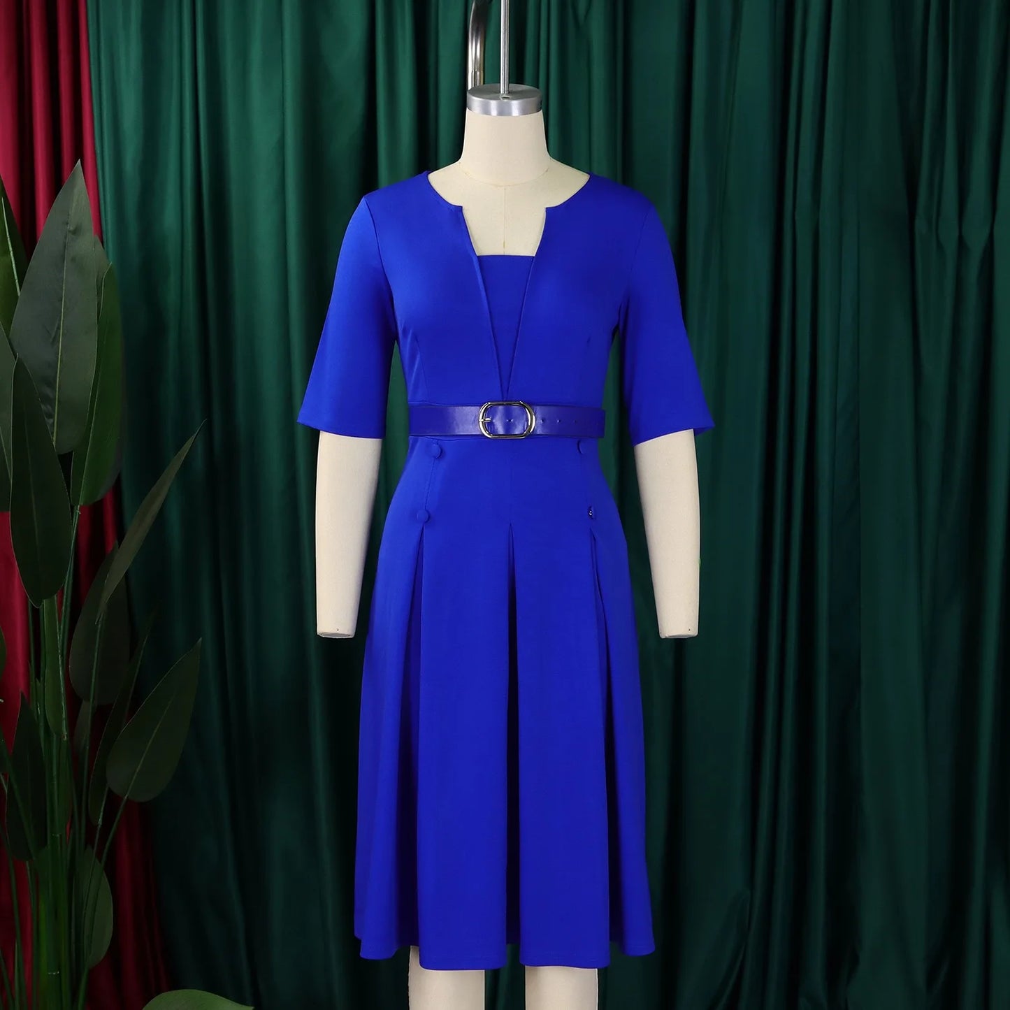 Elegante Kleider Für Frauen 2025 Neu V-Ausschnitt Halbe Ärmel Gürtel Taille Plissiert Midi Mode Weiblich Bescheiden Business Arbeit Kleider OL