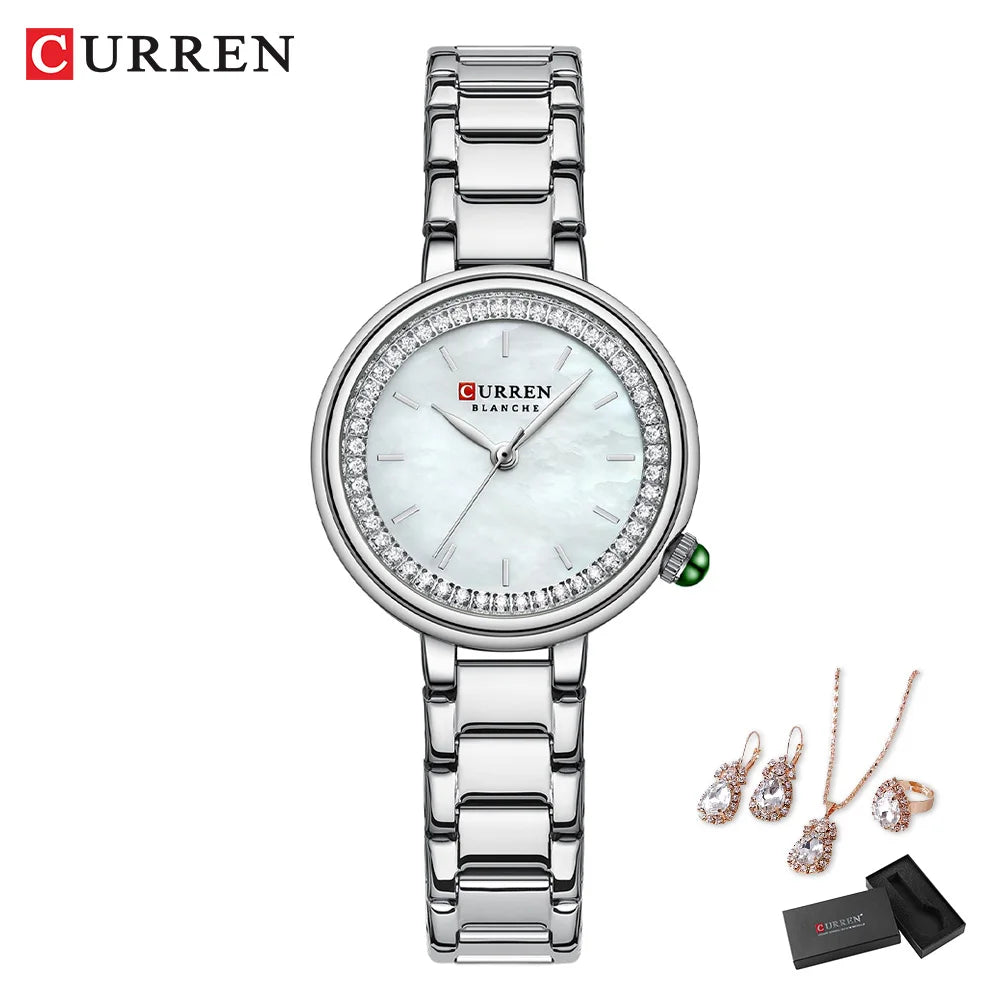 CURREN Luxus Uhr Damen Ring Halskette Ohrringe - Strass Mode Armbanduhr Weiblich Casual Damen Uhren Armband 5-teiliges Set