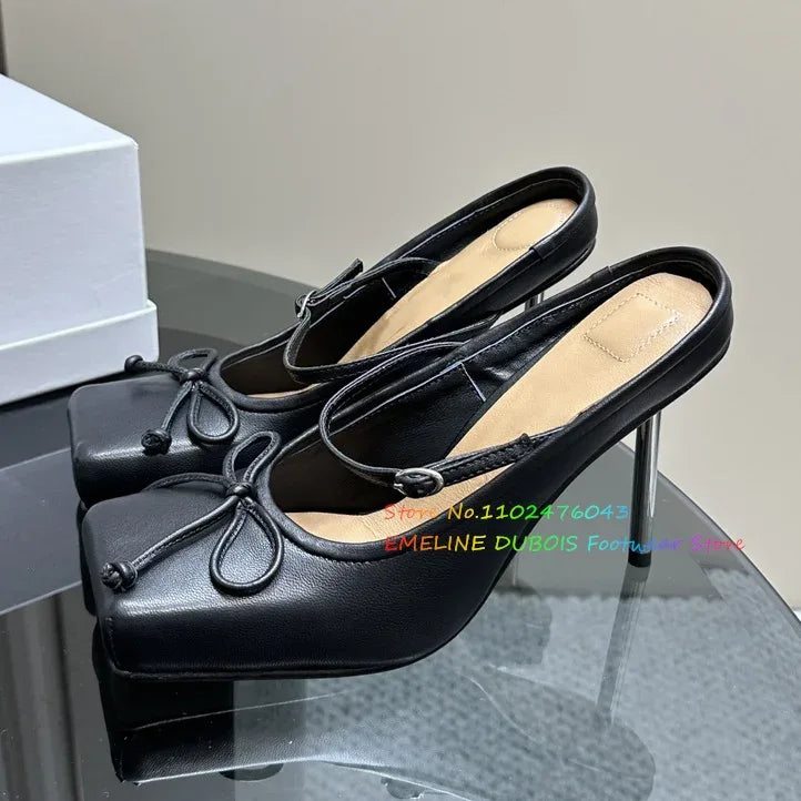 Elegant Women's Formal Shoes Square Toe Bow Tie High Heels Golden Elastic Strap Summer Vintage Mary Janes elegant Party Shoes - Golden Bridge Store