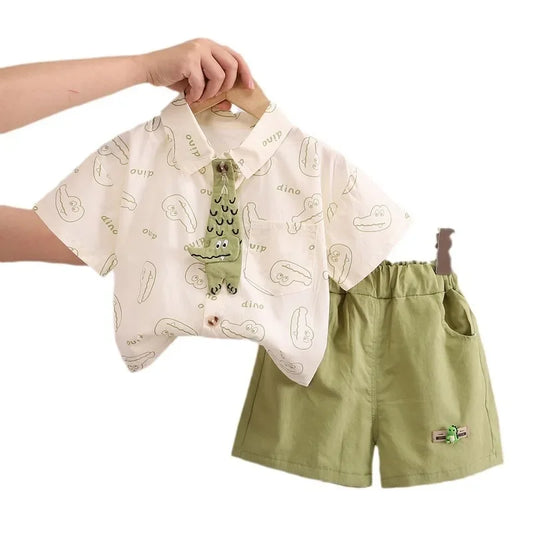 Children Clothes Sets Kids Sport Boys Causal Full Printe Crocodile Shirt Shorts with Tie 2Pcs Infant Baby Tracksuits 0-5 Ages