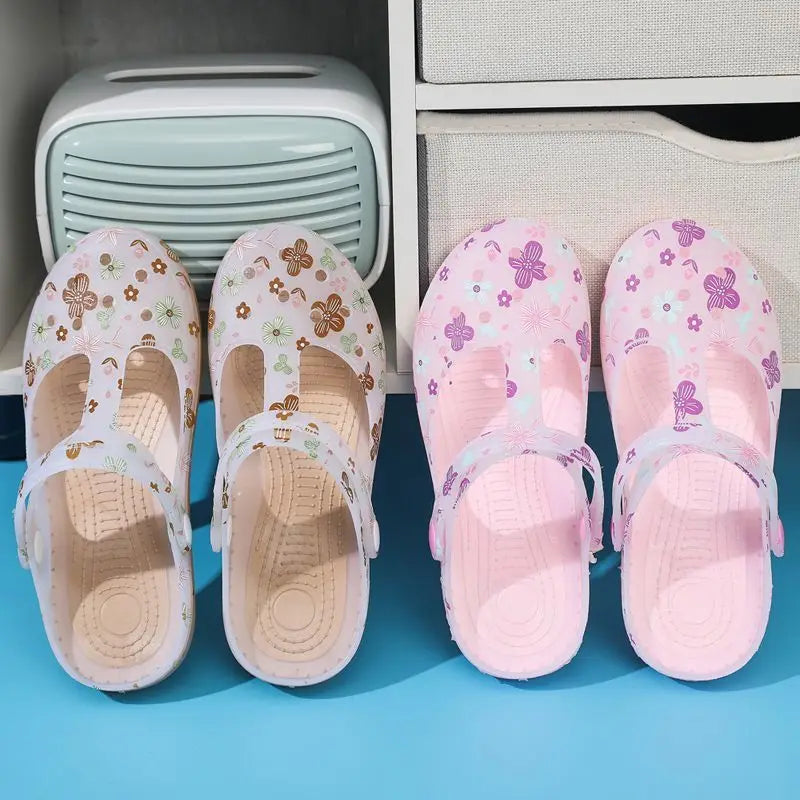 Women's Pink Floral & Butterfly Print Transparent T - Strap Jelly Sandals - Comfortable & Stylish Summer Printed Hole Shoes