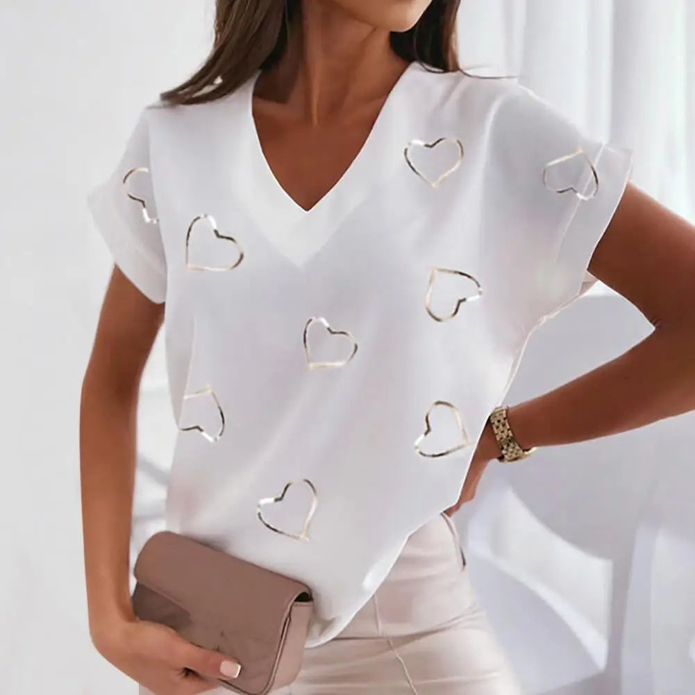 European And American Women's T-shirt Fashion Printed V-neck Short Sleeved Loose Lady Blouse Top Casual Sexy Pullover Tunic Top