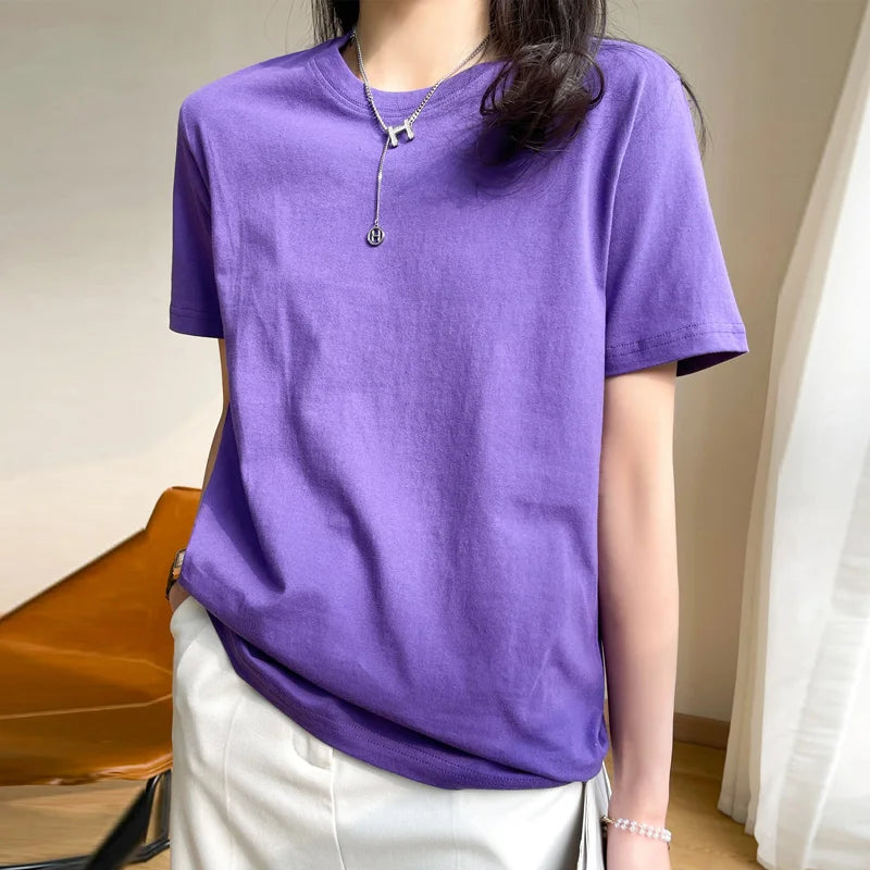 Women T-shirts 2025 Tops Solid Short Sleeve Loose O-neck Cotton Casual Ladies Shirts Harajuku Korean Summer Woman Tshirts