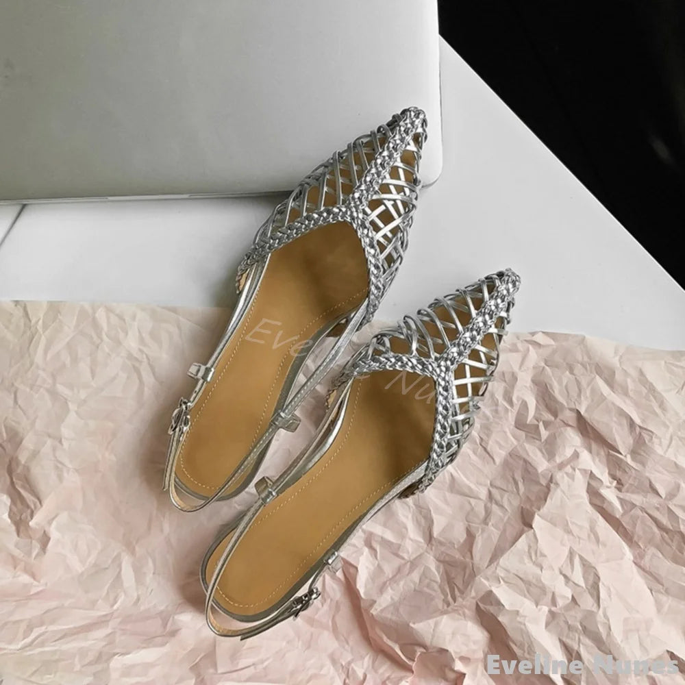 Artistic Hand-woven Thin Belt Sandals Women Summer Pointed Toe Flat Back Strap Hollow Sandals 2025 New Fashion Simple Sandals