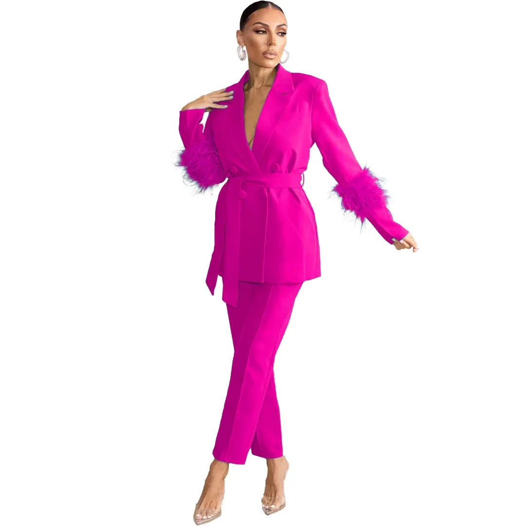 Femei elegante 2 piese set solid cristat guler blazer fermoar pantaloni lungi pene palton costum doamnelor toamna iarna birou ținute