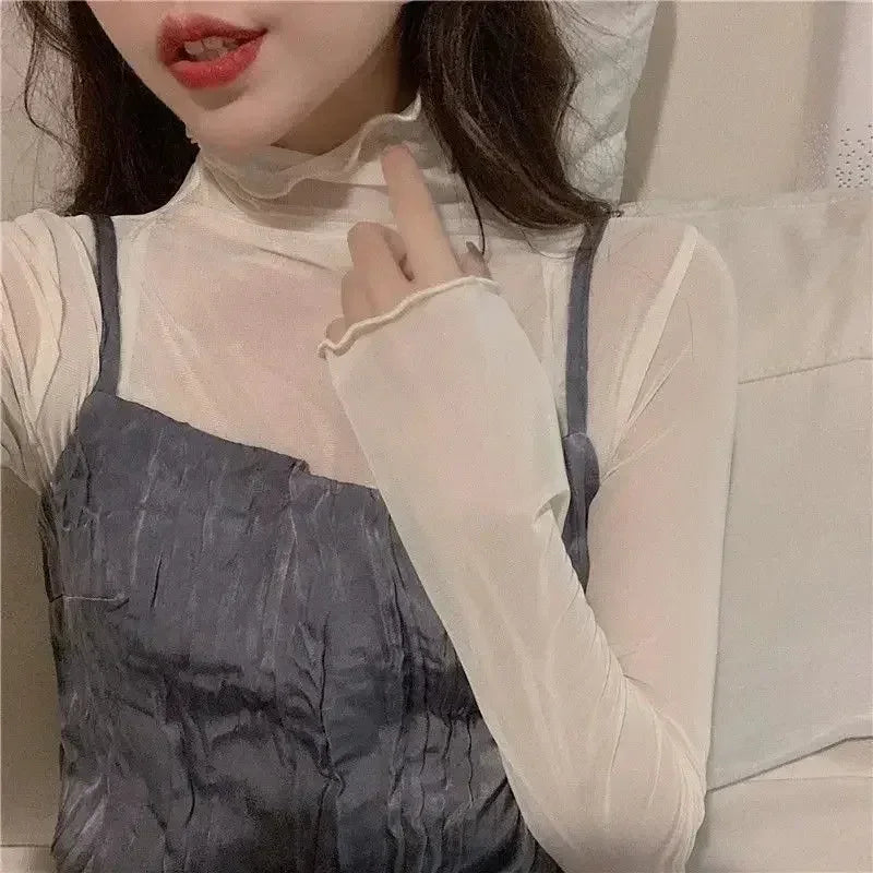 elegant Women T Shirt See Through Transparent Tops Long Sleeve Ladies T-Shirt Pink Green Basic Top for Female Bottoming Blouses - Golden Bridge Store