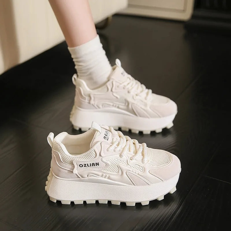 Women‘s Trendy Color-blocked Brand Design Thick-soled Sneakers 2024 Spring and autumn New  Lace-up Mesh Breathable Tennis Shoes