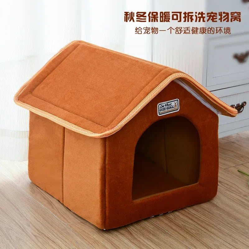 Winter Pet House Foldable Bed With Mat Soft Leopard Dog Puppy Sofa Cushion House Kennel Nest Dog Cat Bed For Small Medium Dogs