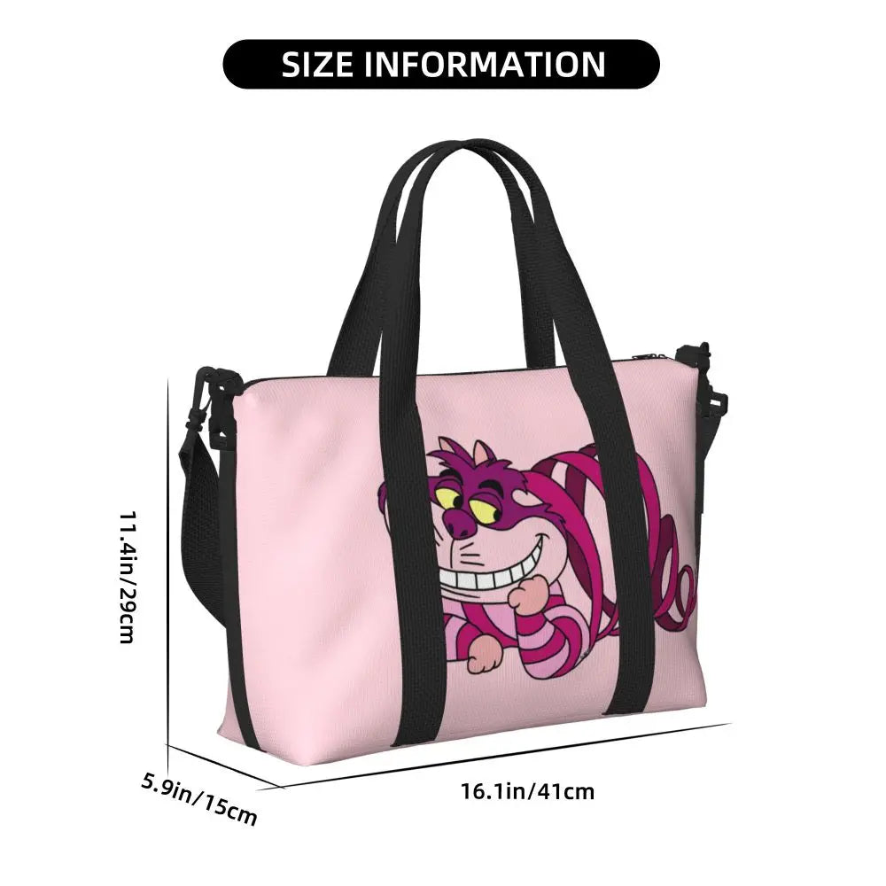 Geantă de plajă personalizată cu pisica Cheshire pentru femei, cu compartiment mare pentru sală și plajă, We're All Mad Here Cat