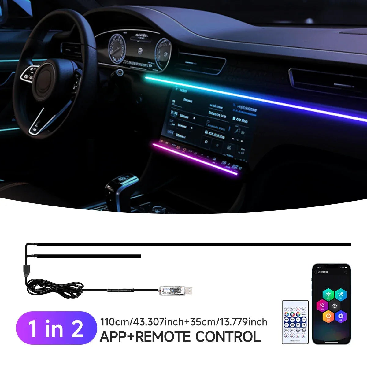Auto-Ambientelicht 2025: RGB USB Car Interior Ambient Light Rainbow - Acrylic Strip LED Symphony APP Music Control Decorative Dashboard Atmosphere Lamp Collection - Golden Bridge Store