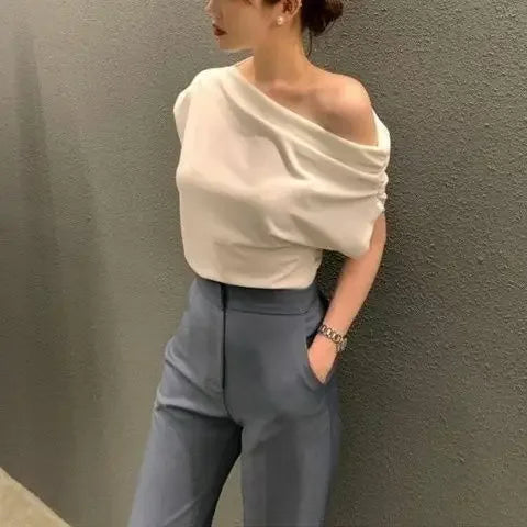 Asapgot Diagonal Crop Top - Schulterfrei Elegant Kurzarm S