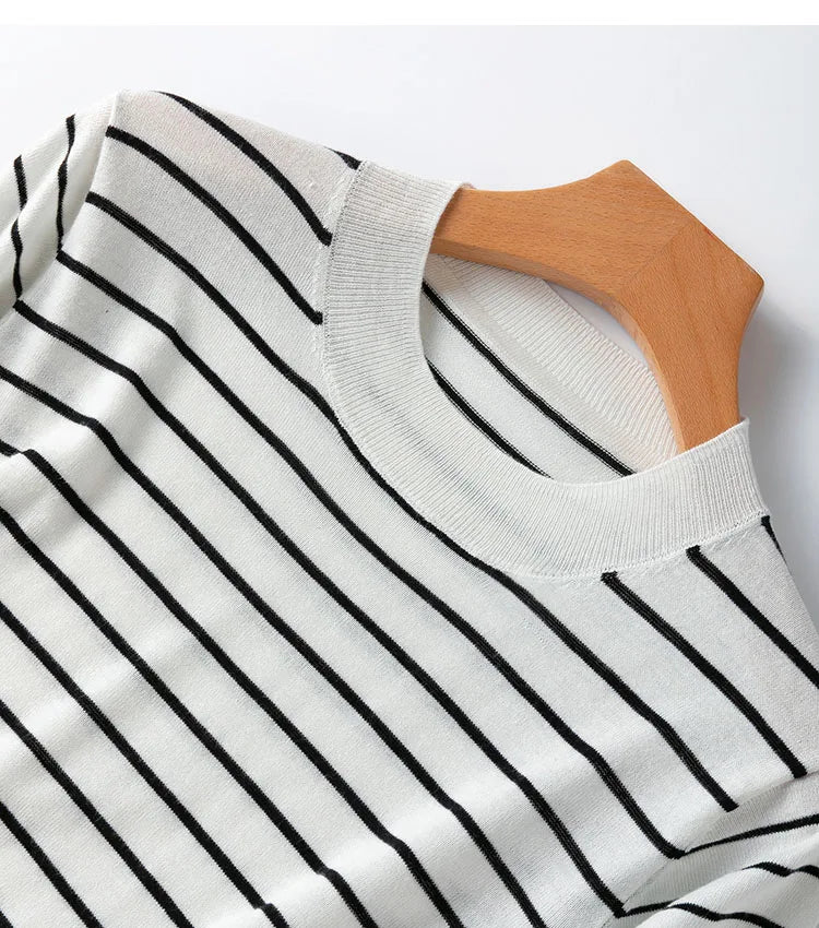 Women Knit T-Shirt 70% Mulberrry Silk 30% Cotton Round Neck Stripes Short Sleeve Sweater Pullover Top Shirt L XL XXL LY040