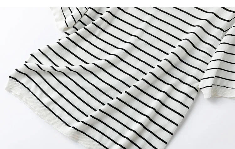 Women Knit T-Shirt 70% Mulberrry Silk 30% Cotton Round Neck Stripes Short Sleeve Sweater Pullover Top Shirt L XL XXL LY040