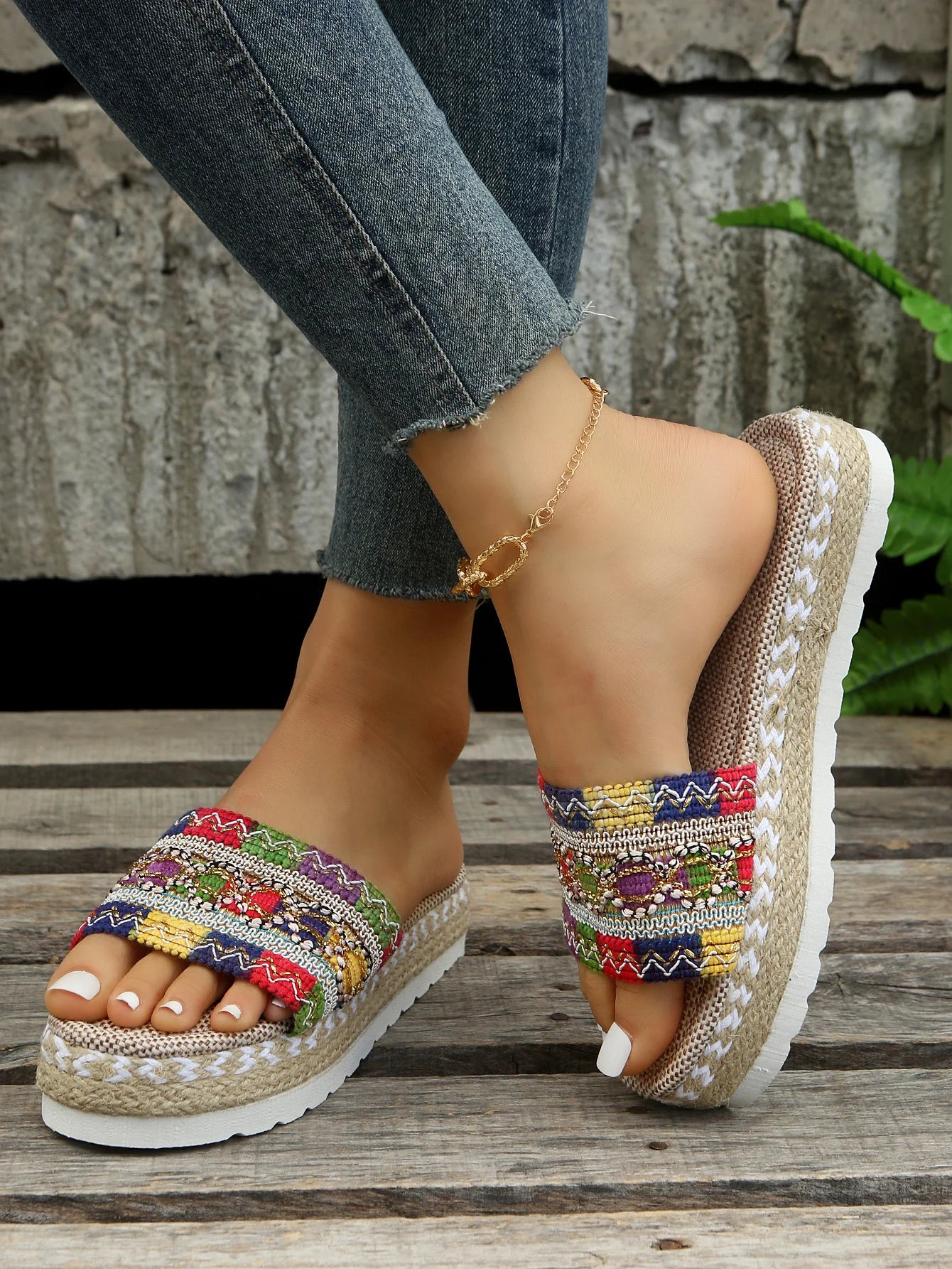 Gewebte Damen Pantoletten Platform - Sommer Schuhe für Damen 2025 Neu - Strand Casual Absatz Sandalen Bohemian Handgemacht Espadrilles