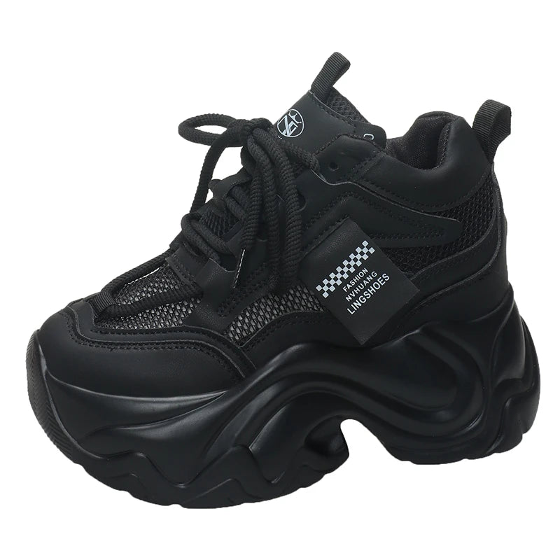 Women High Platform Sneakers New Summer 9.5CM Wedge Heels Thick Sole Leather Shoes Autumn Breathable Mesh Chunky Sneakers Woman