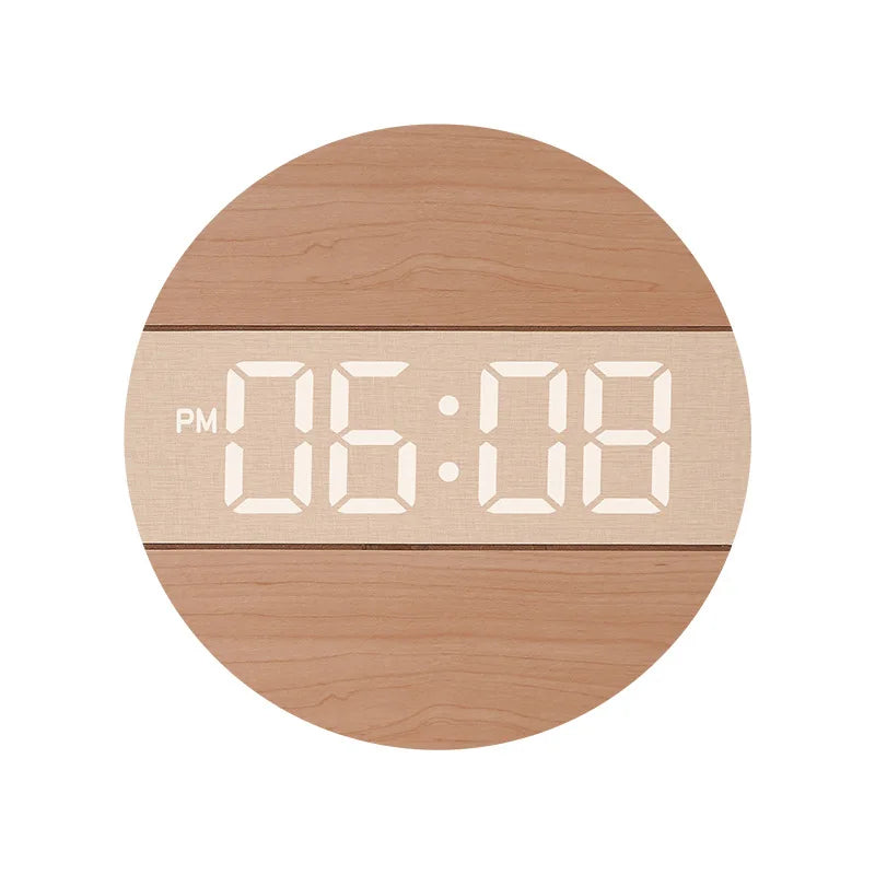 LED Digital Wall Clock Wooden Large Round Screen Automatic Brightness Adjustment 12/24H Hanging Clock Home Living Room Decor
