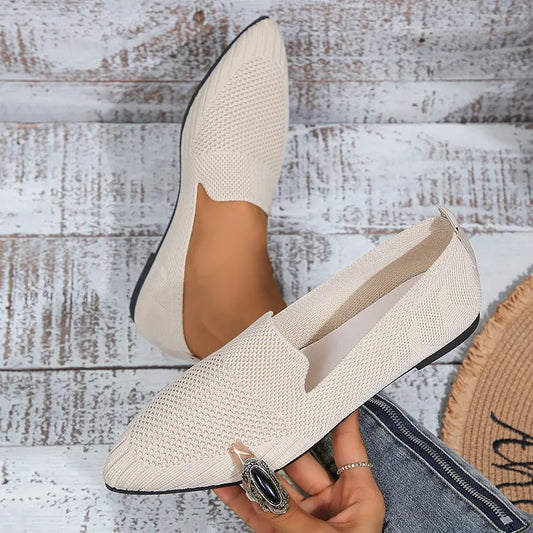 Elegant Office Women Loafers Ladies Hollow Knitting Breathable Solid Color Pointed Toe Mesh Shallow Mouth Flat Casual Shoes