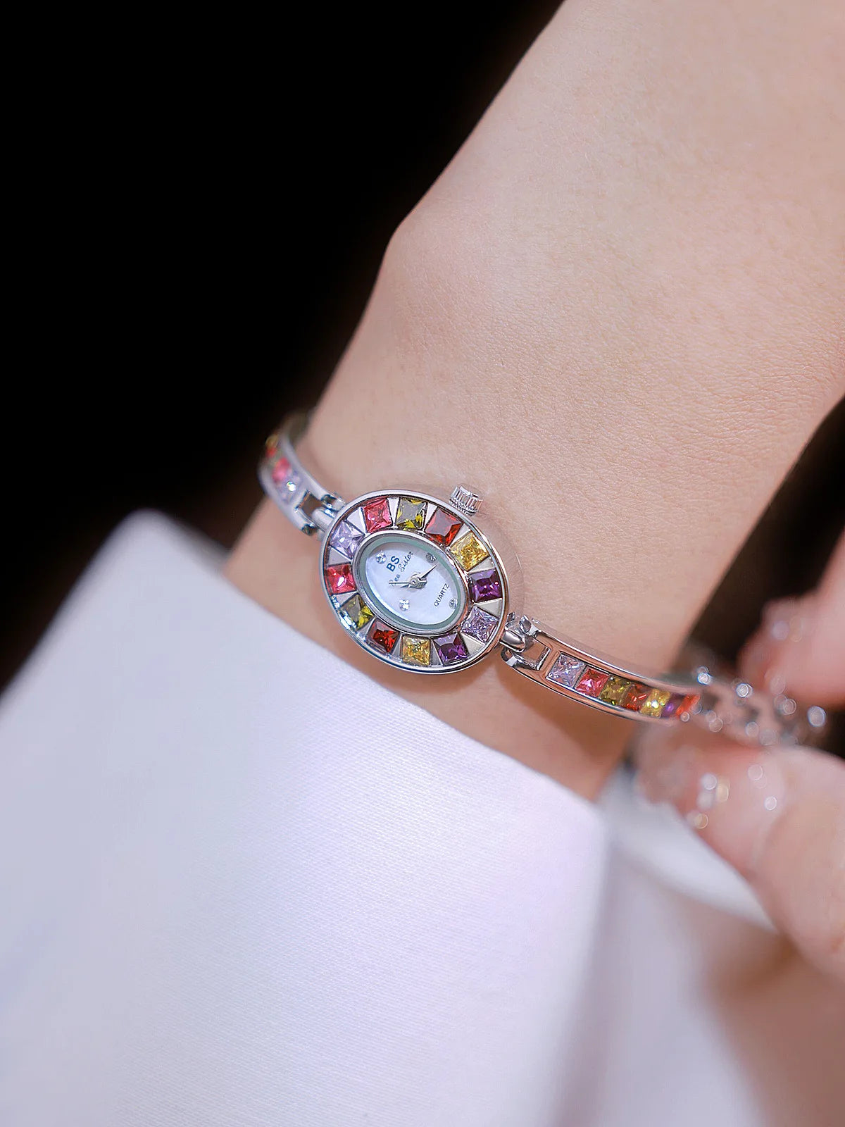 Womens Watch Luxury Fashion Quartz Wristwatches Colored Rhinestone Small Silver Bracelet Watches For Women Gifts