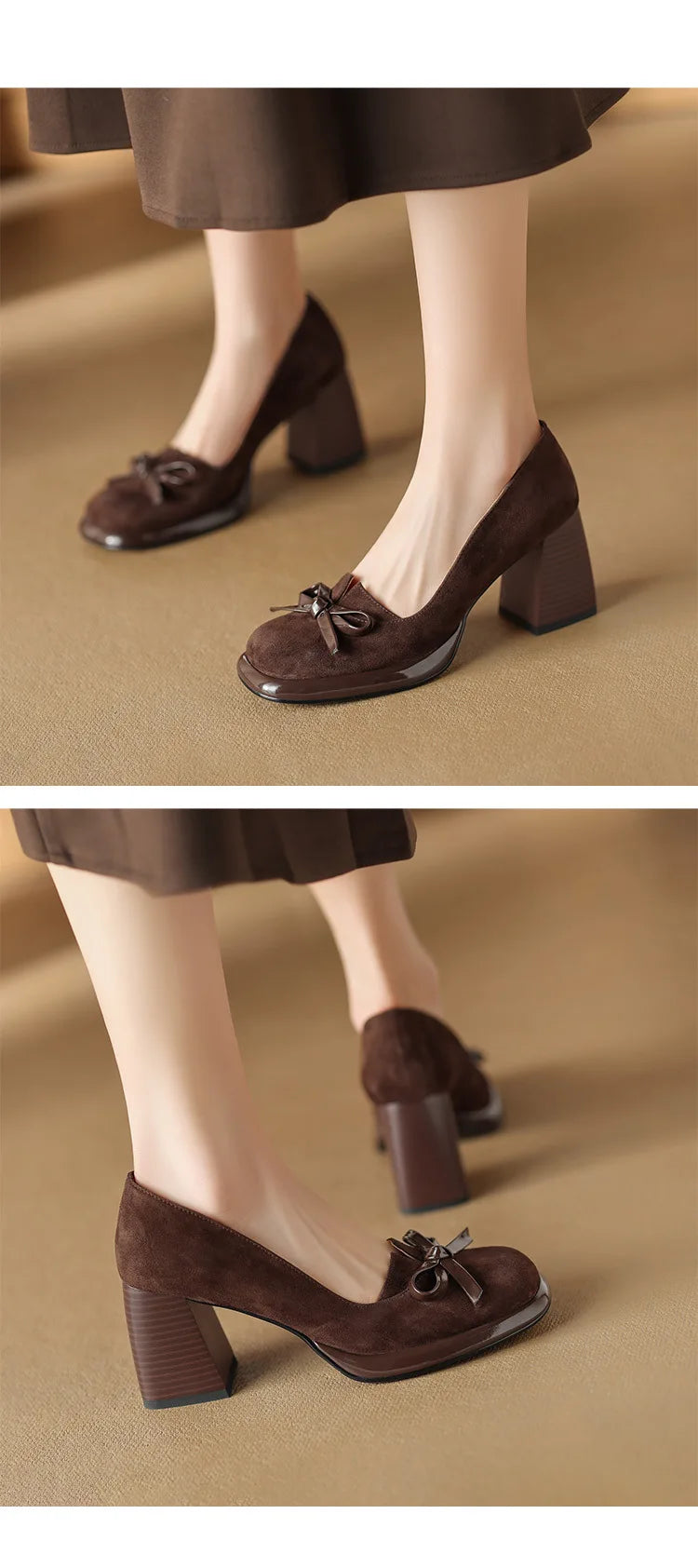 Women Shoes  Spring Retro High Heels Butterfly Knot Square Heel Faux Suede Commuting Elegant 6-8cm Pumps Tacones Para Mujer