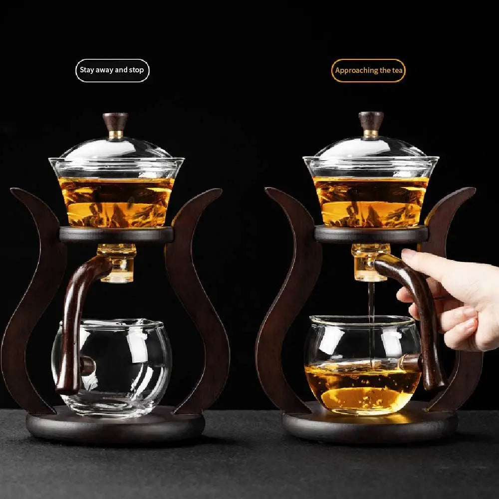 Tea Pot Glass Kettle Automatic Teapot with Strainer Magnetic Infuser Wood Holder Heat Resistant Coffee Pot Bowl Cups Set Jug 주전자