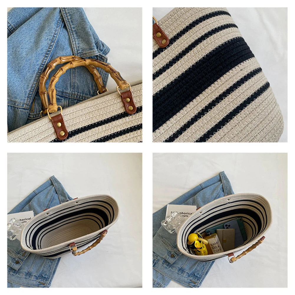 Beach Vacation Bags Bamboo Handle Women Weaving Bag Large Capacity Striped Portable Casual Fashion Exquisite for Seaside Party