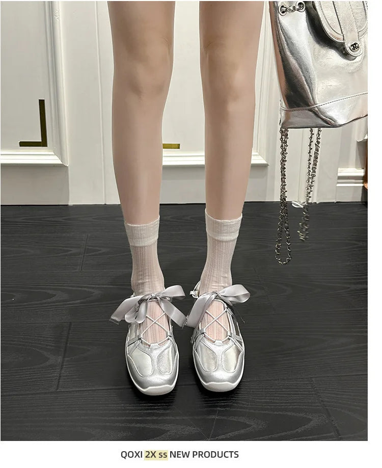 Ballet Flat Sneakers Women's Thick Bottom Bowknot Hollow Out Shoes Fashion Designer Mary Jane Ballet Comfort Shoes Female