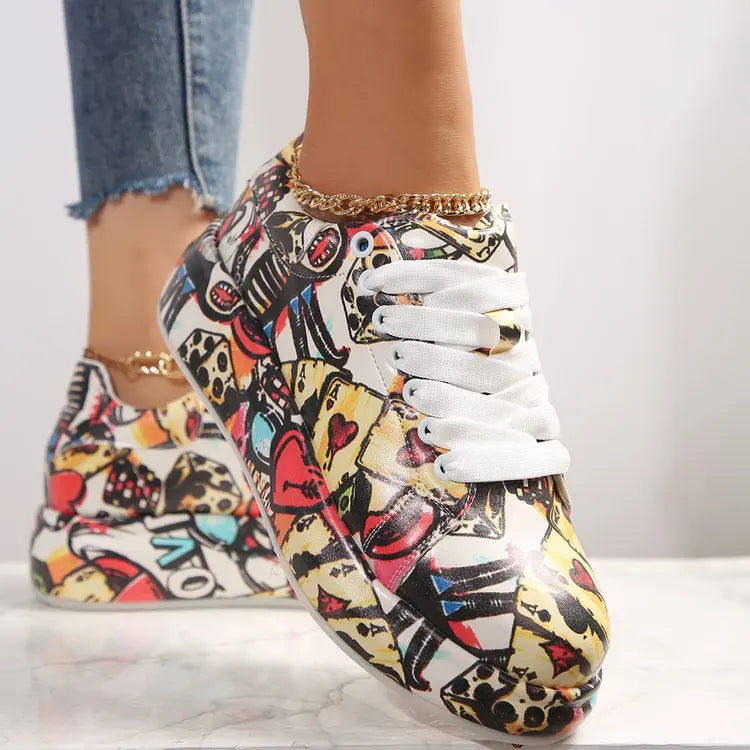 Women Sneakers Thick-soled Increased Women Sneakers New Hand-painted Graffiti White Women Shoes Outdoor Casual Shoes Plus Size