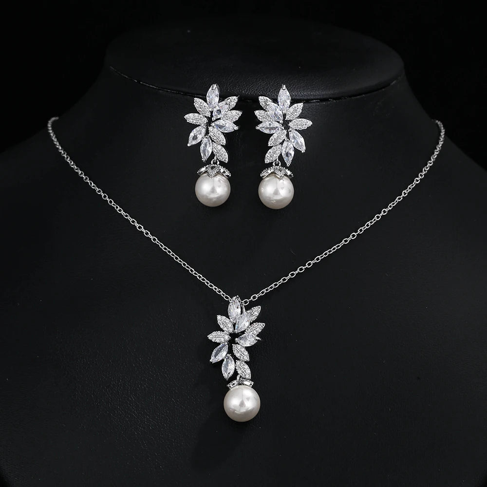 Luxus Silberfarbe AAA+ Cubic Zirkonia - Damen Große Perlen Halskette Anhänger und Ohrringe - Schmuck Sets Geschenk