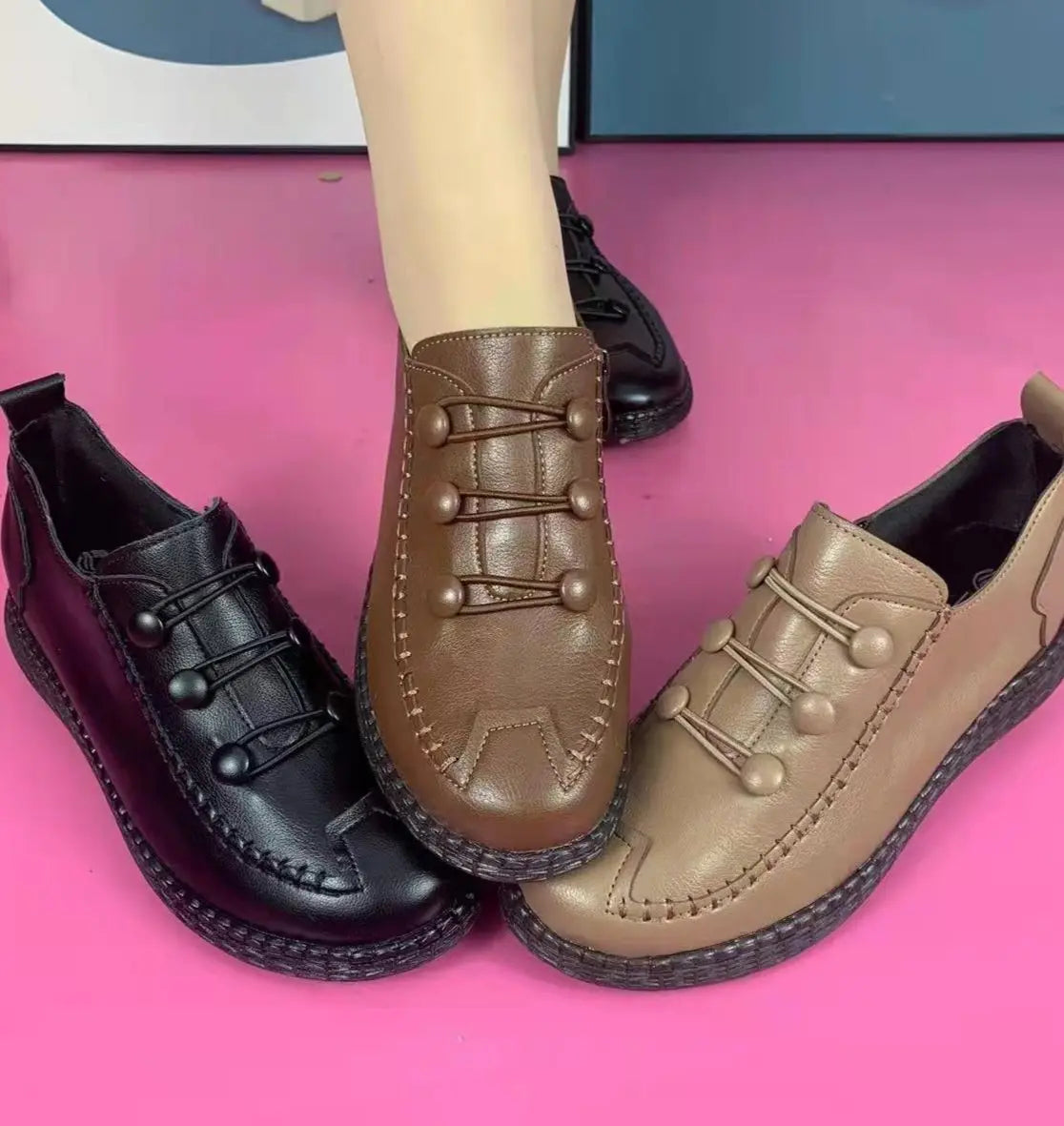 Womens Walking Shoe 2024 Red Spring Leather Shoes Mom Comfort Retro Stitching Flats Wedge Leather Sneakers