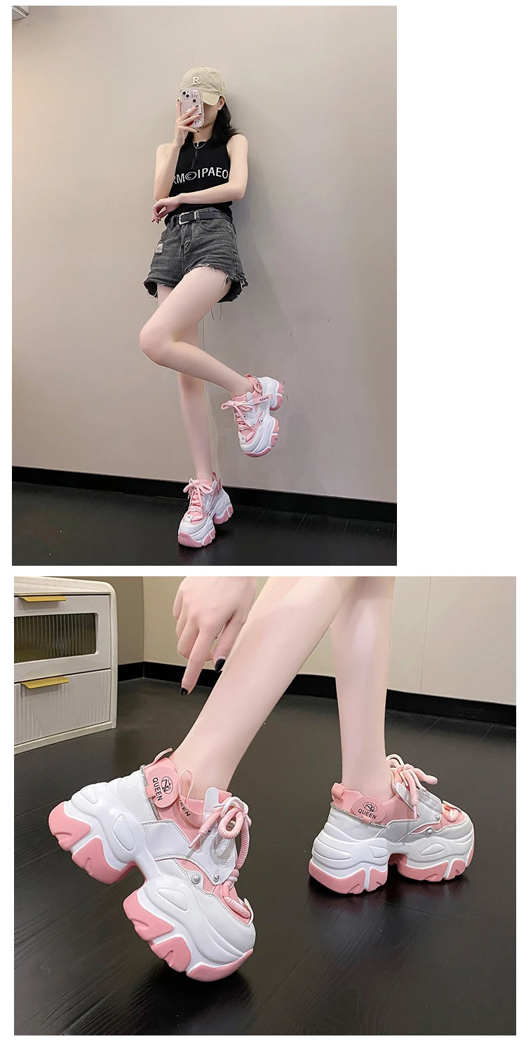 White Chunky Sneakers Women New Autumn Hidden Heel Platform Sports Dad Shoes Woman Lace Up Breathable Mesh Casual Shoes 9.5CM