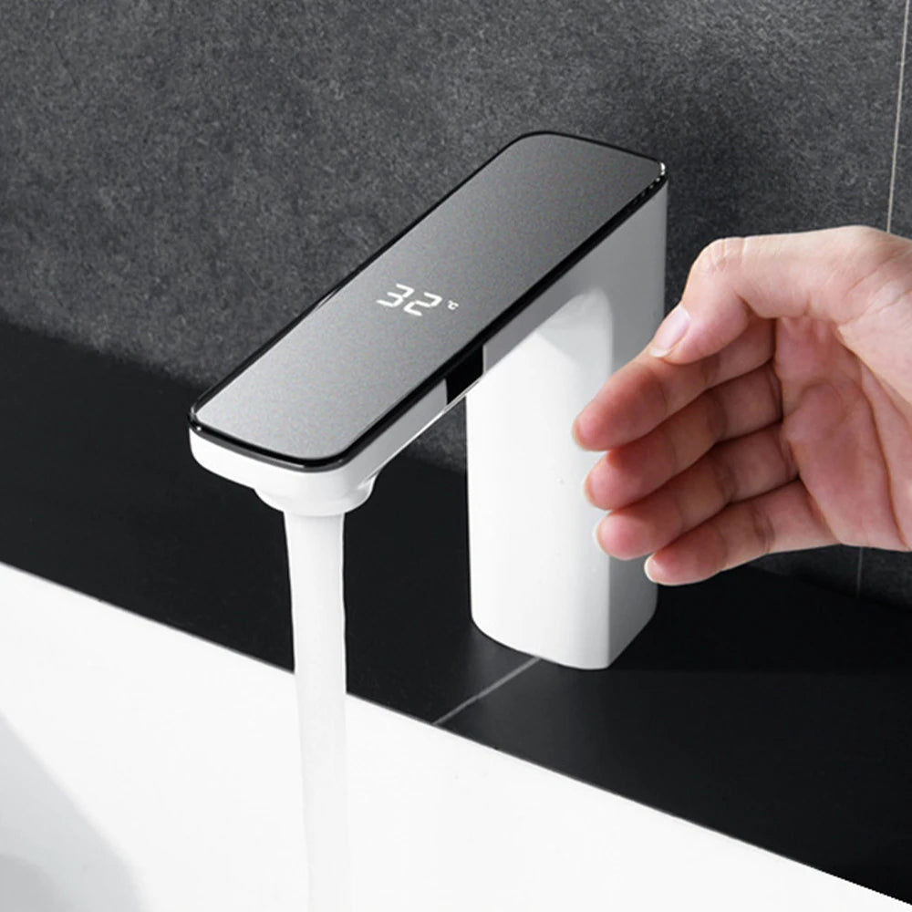 Robinet de baie cu senzor inteligent Daul, alb, cu mixer de apă caldă și rece, montat pe punte, pentru chiuvetă de baie