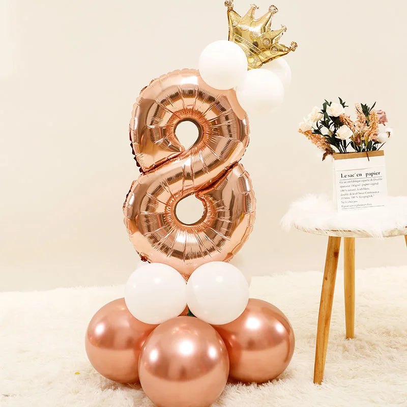 Chrome Rose Gold 32inch Number Foil Column Balloons Happy Birthday Party Decorations Kids Boy Girl 1 2 3 4 5 6 7 8 9 Year Old