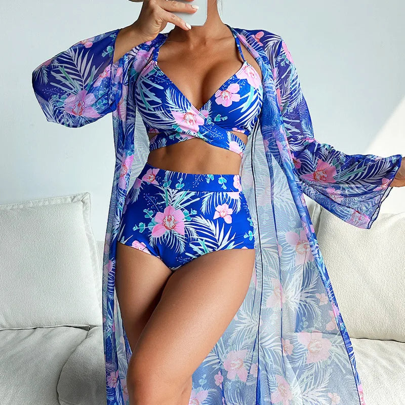 Sommer Print Schwimmanzüge: ASKATE Verbesserte Unterstützung Wire-Free Support Nylon Spandex - Dreiteilig High Waist Strand Wear Floraler Print