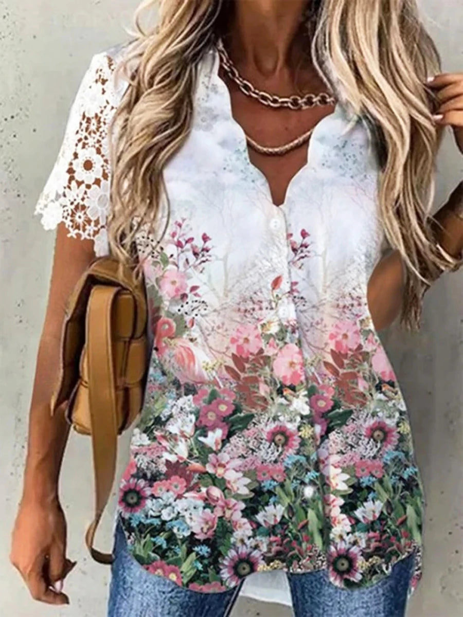 Women Shirt Floral Daily Weekend Floral Blouse Shirt Women Short Sleeve Button Print V Neck Casual Tops