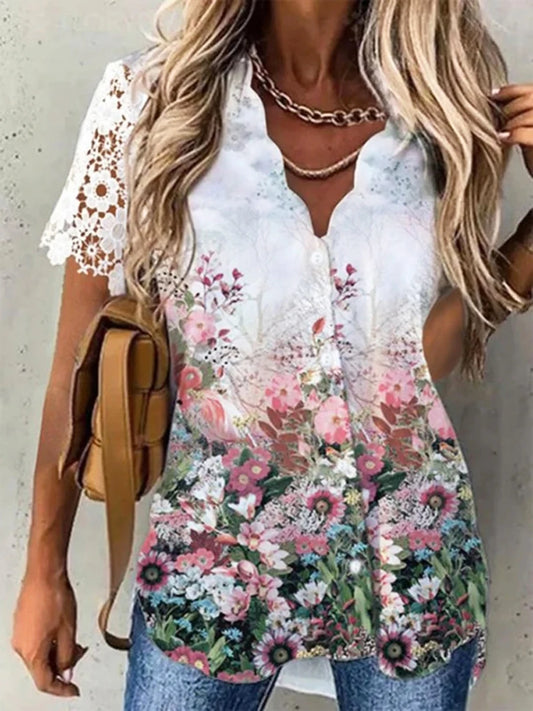 Femei cămașă florală zilnic weekend bluză florală cămașă femei mânecă scurtă nasture imprimare V-neck casual topuri