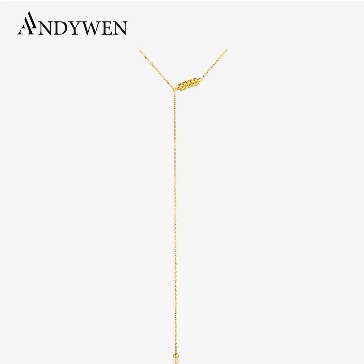 ANDYWEN 925 Sterling Silver Minimalist Wheat Leaf Pendant Long Y-Shaped Necklace 2025 Fine Jewelry for Women's Casual Style