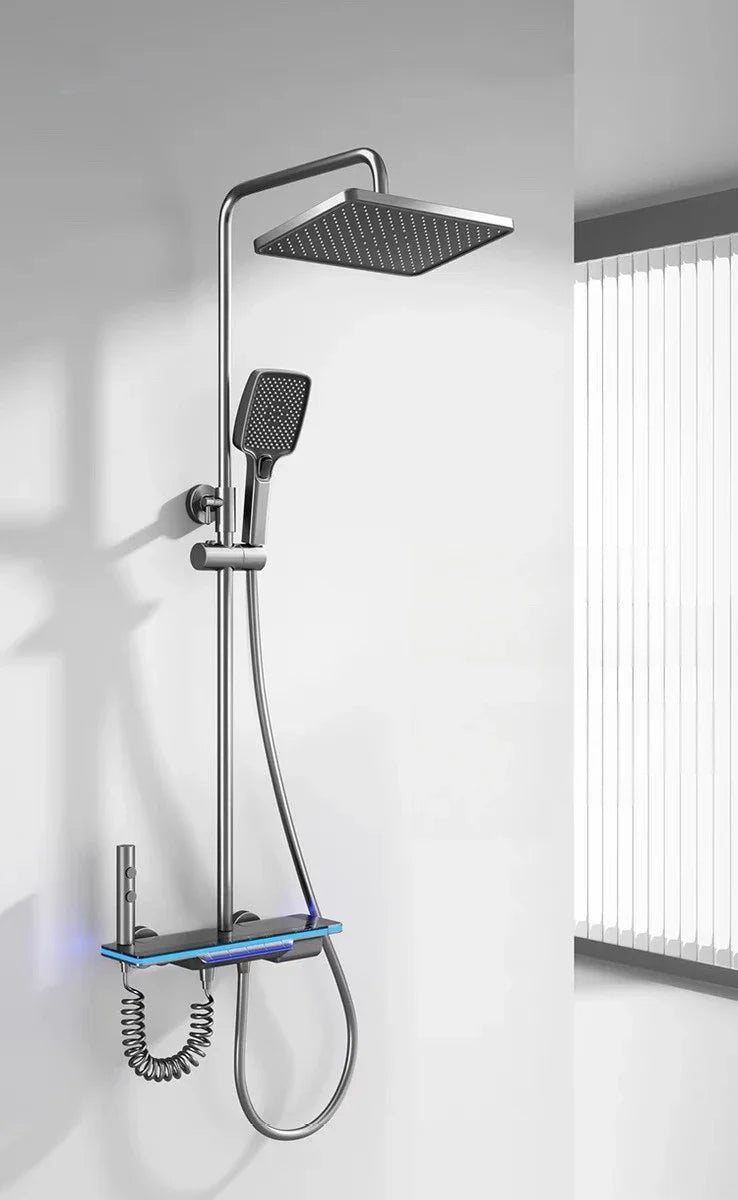 Bathroom Luxury Shower Faucet System with Lights Tempered Glass Shower Set Digital Display Copper Mixer Shower Faucet Set