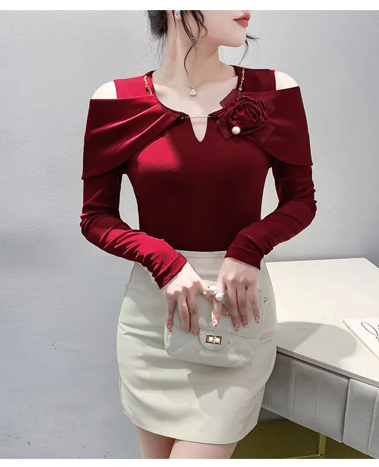 Women T-shirt Fashion T Shirt Cotton Slim Tee For Ladies Autumn Clothing New Long Sleeve Beading V-Neck Tops