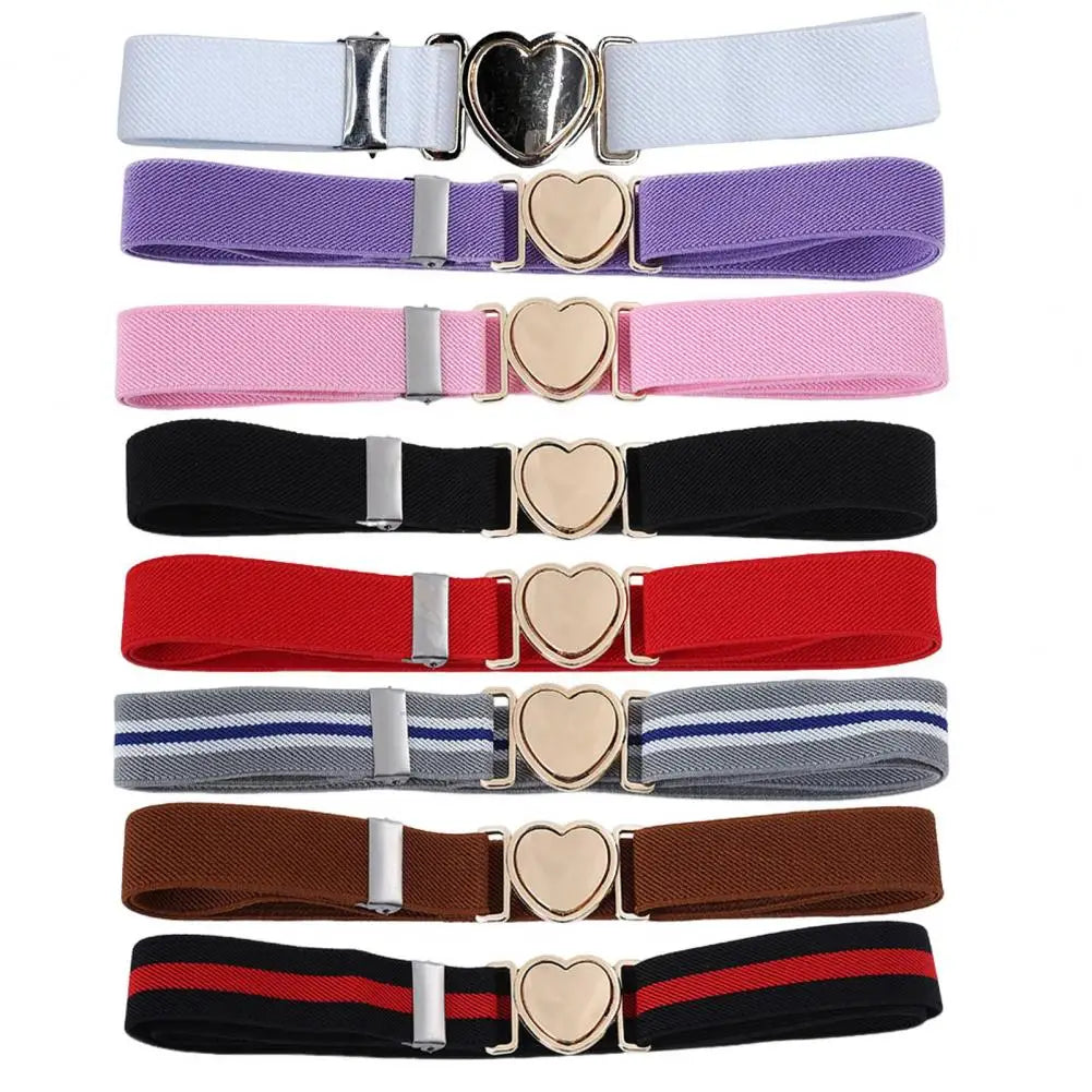 Unisex Belt Contrast Color Banded Metallic Heart Buckle Waistband Adjustable Elastic Band Girl Waist Strap Elastic Waist Band