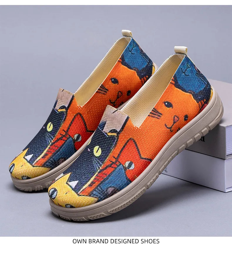 Women's Slip-On Sneakers Cat Print Spring Casual Shoes Plus Size Flat Sole Comfort Color Block Fabric Breathable Lightweight