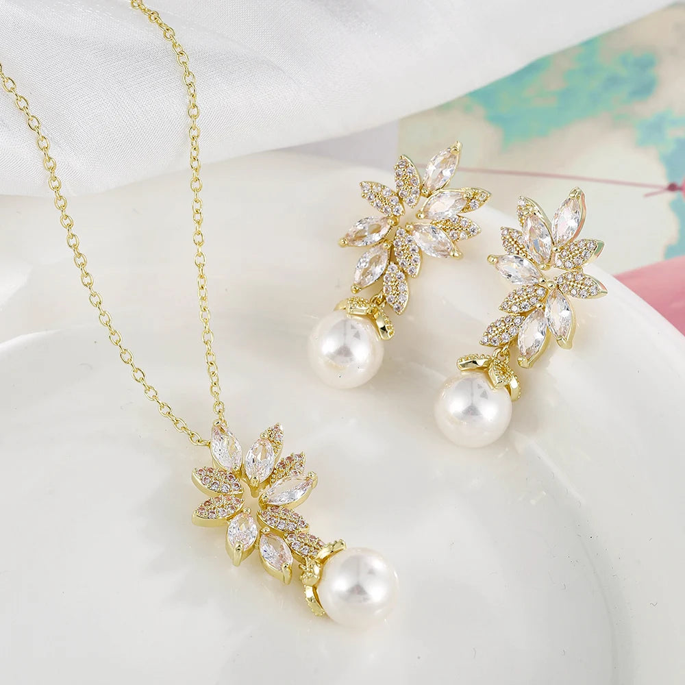 Luxus Silberfarbe AAA+ Cubic Zirkonia - Damen Große Perlen Halskette Anhänger und Ohrringe - Schmuck Sets Geschenk