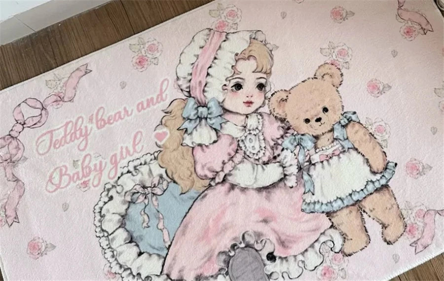Soft Carpet Cartoon Bear Doll Carpets Round Rectangular Livingroom Rugs Kawaii Girl Lolita Retro Bedroom Bedside Cashmere Carpet