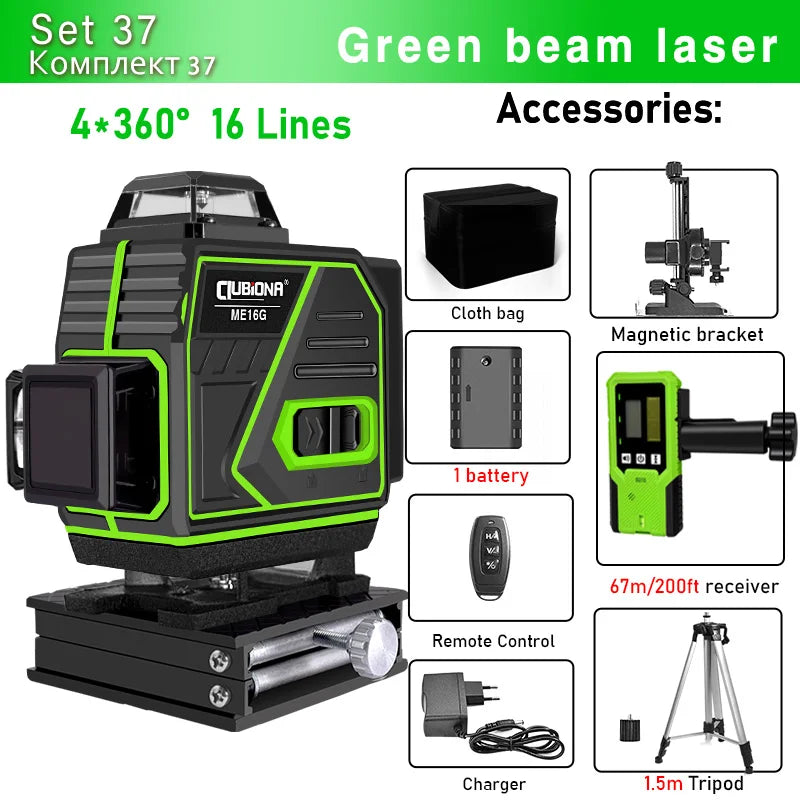 CLUBIONA 16/12 lines Self-leveling Remote Control Outdoor Mode - Receiver Auto 3x360 Green beam Line Laser Level