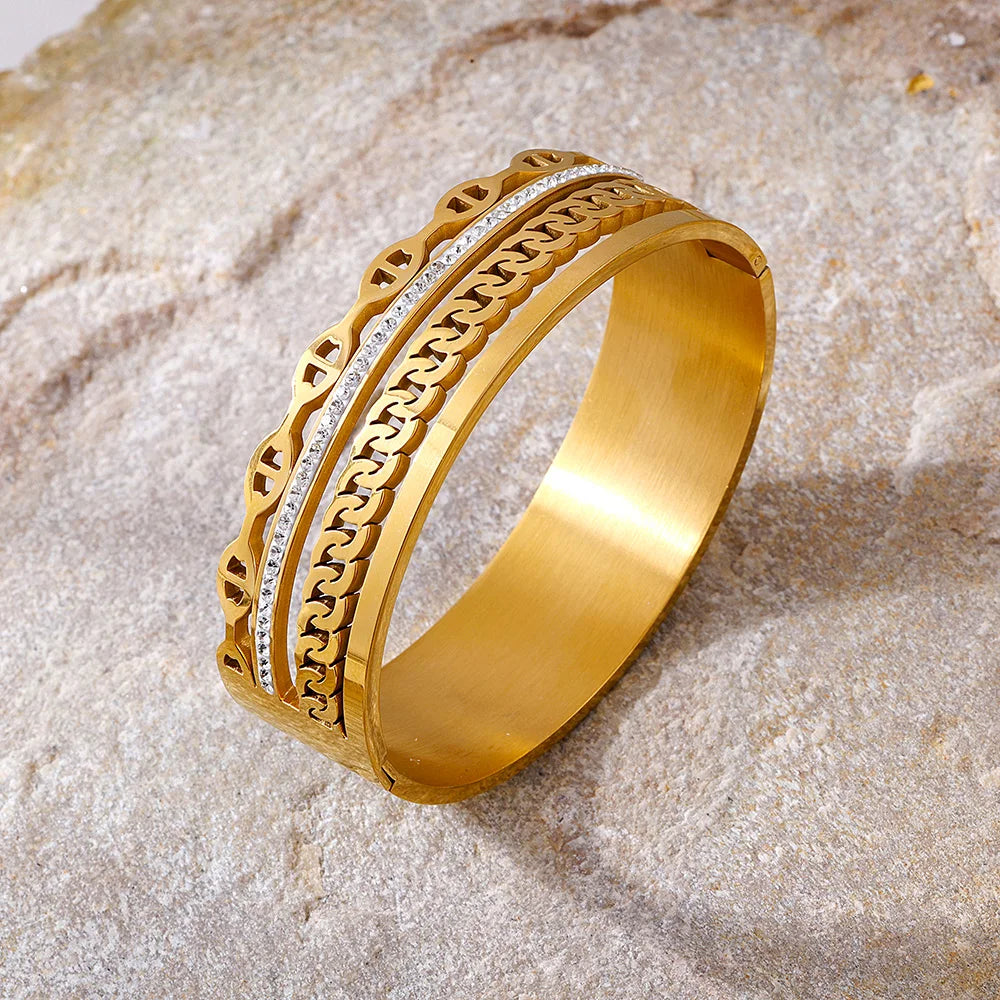 Bransoletka Liora Luxury Wide Bangle 2025 – damska bransoletka ze stali nierdzewnej 316L – bransoletka z kryształkami, ciężka, wodoodporna, modna biżuteria