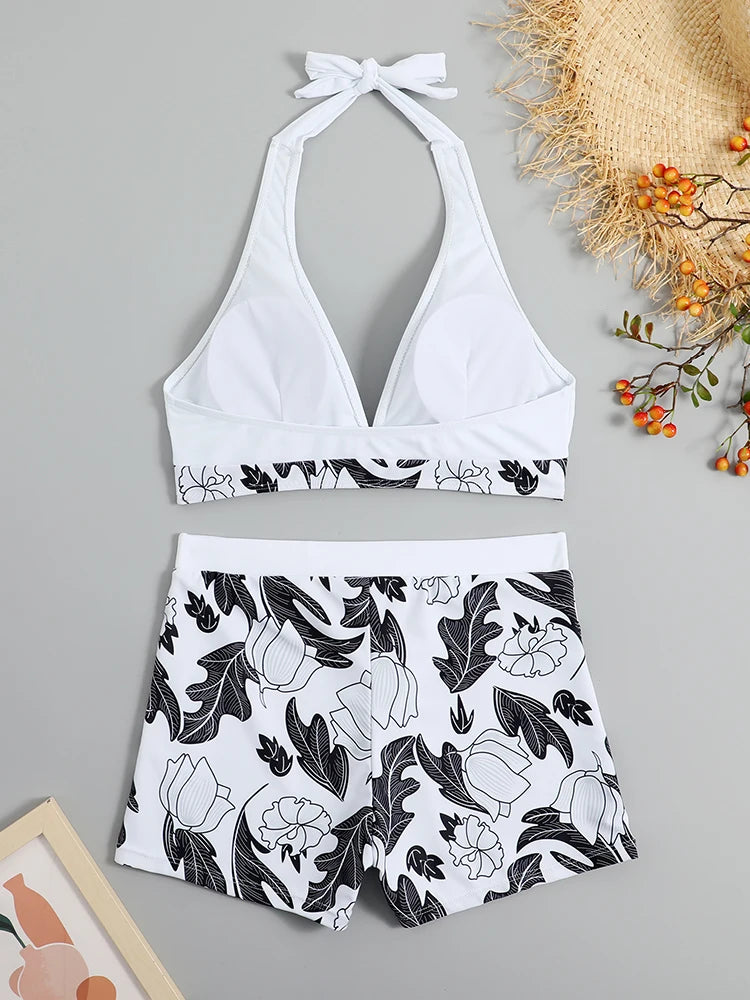 Halter Bikini Set Kurzer Schwimmanzug Frauen High Waist Bedruckte Bademode