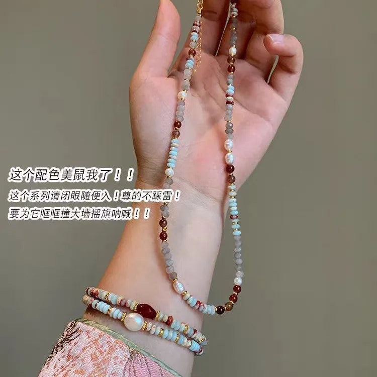 Colier cu pandantiv din perle, țesut manual, cu piatră naturală, lanț cu mărgele, accesorii luxoase pentru gâtul femeilor, bijuterii de modă